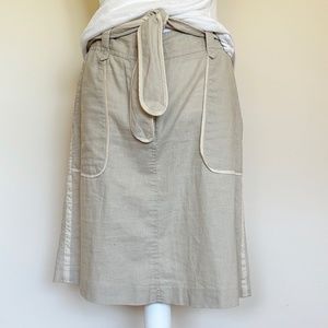 Carole Little tan cotton/linen skirt with cream bordered pockets & belt, size 8